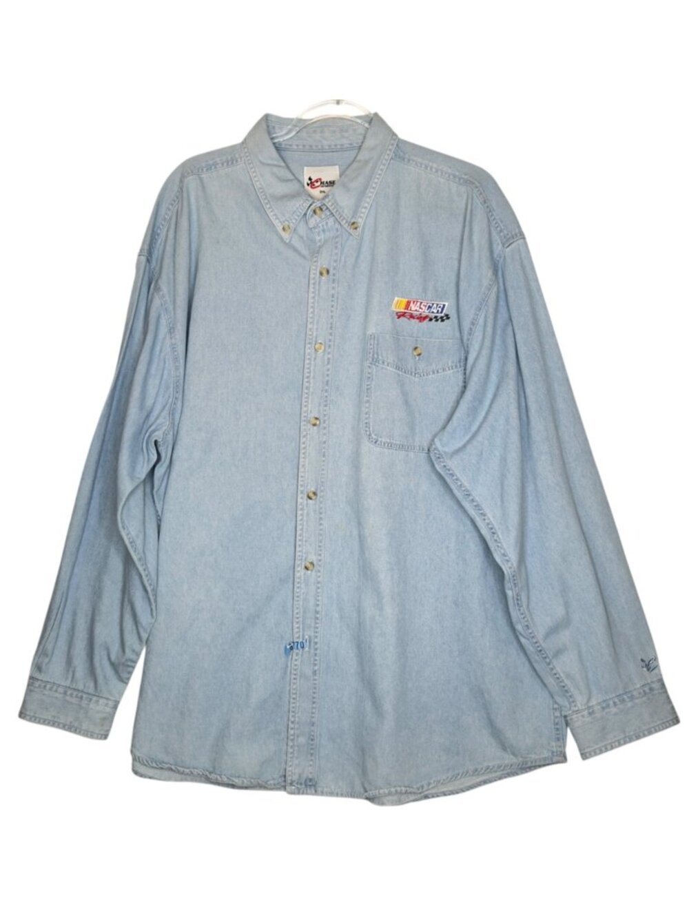 Chase Authentics NASCAR Racing Denim Shirt Mens 2XL Blue Button Front Cotton